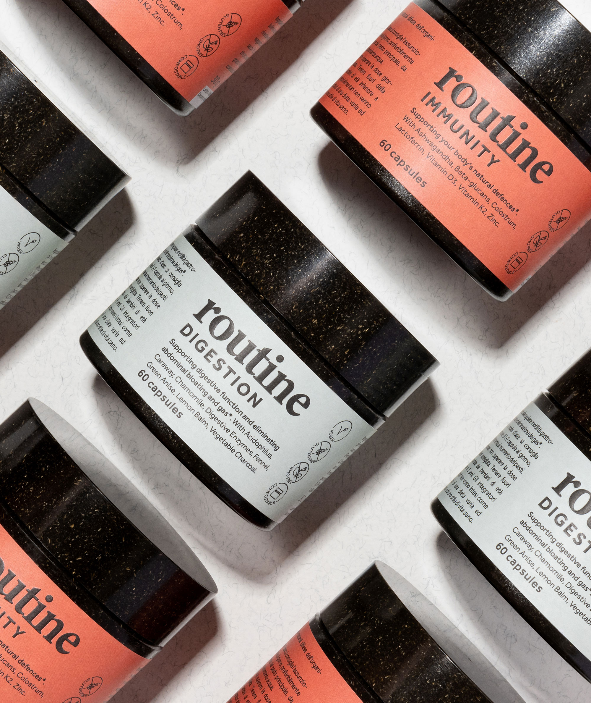 A nutritional supplement, jars aligned, top view