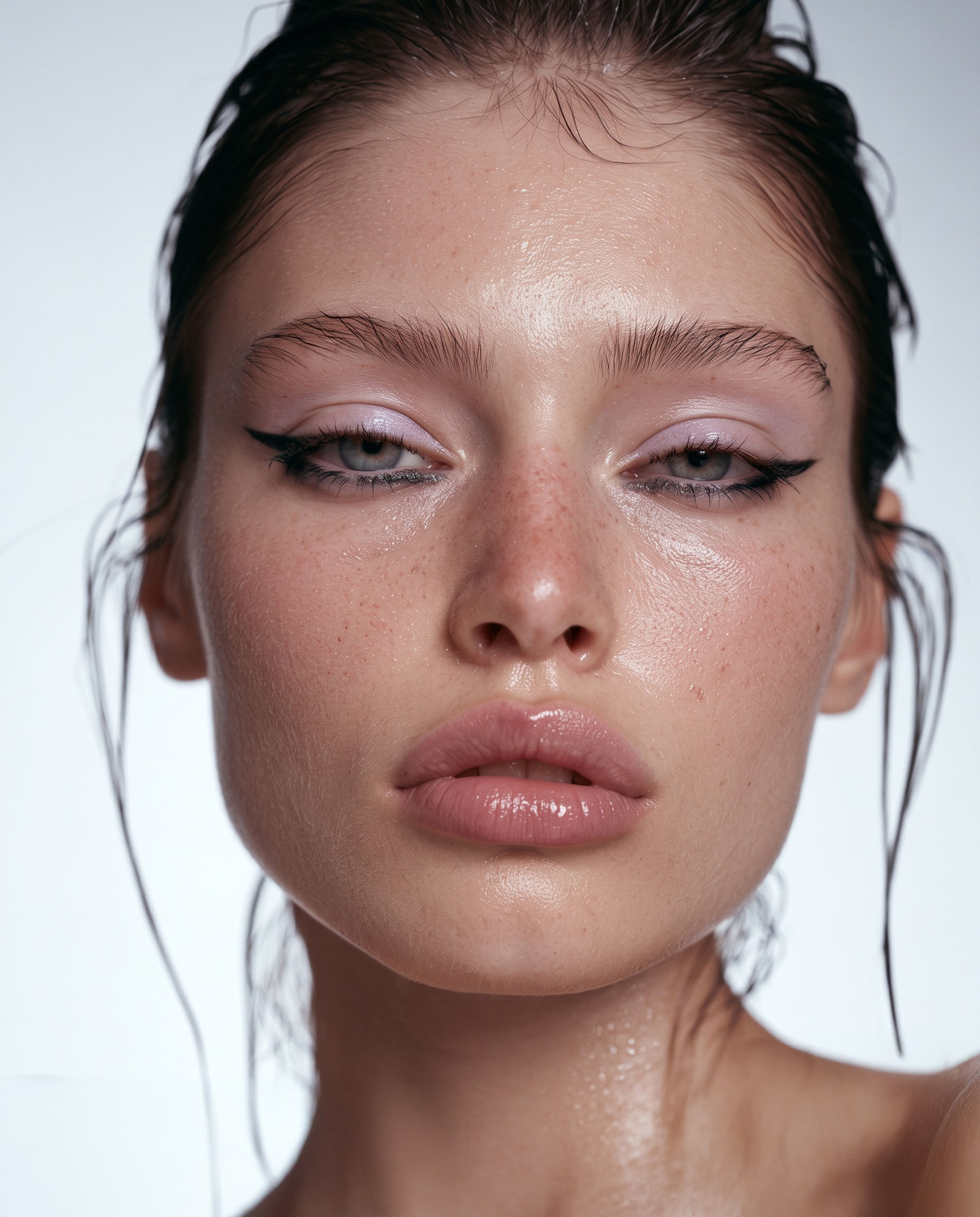 A model wearing black eyeliner, frontal full face