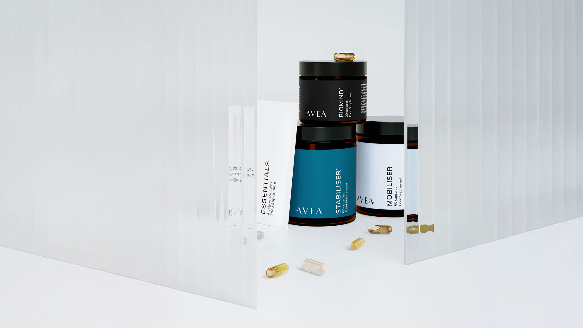 Minimalist beauty supplement packaging design with black containers, refined typography, and marble background. Avea brand identity and 3D product visualisation.
