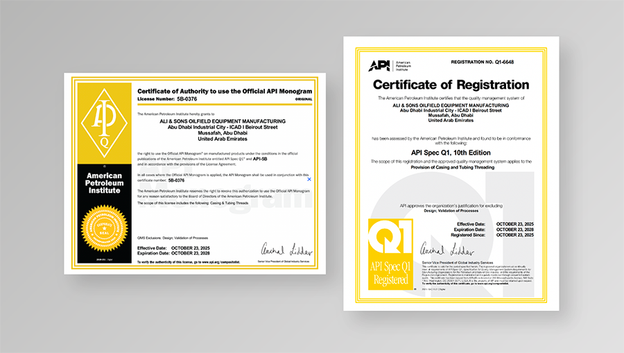 شركة علي وأولاده لتصنيع معدات الحقول النفطية تحصل على اعتماد API Q1 وAPI 5B
