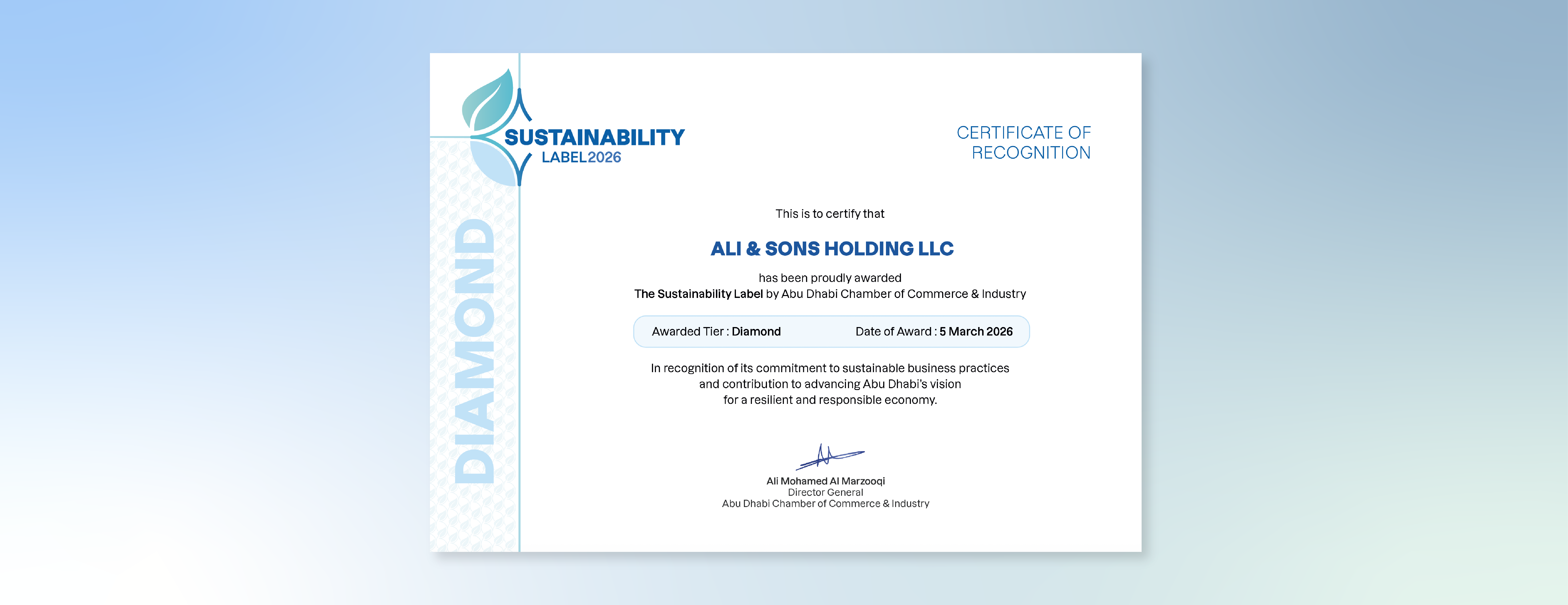 Ali & Sons Has Been Awarded the Diamond Sustainability Label