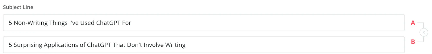 screenshot of two subject line options in convertkit on the theme of “x ways to use ChatGPT that don’t have to do with writing”