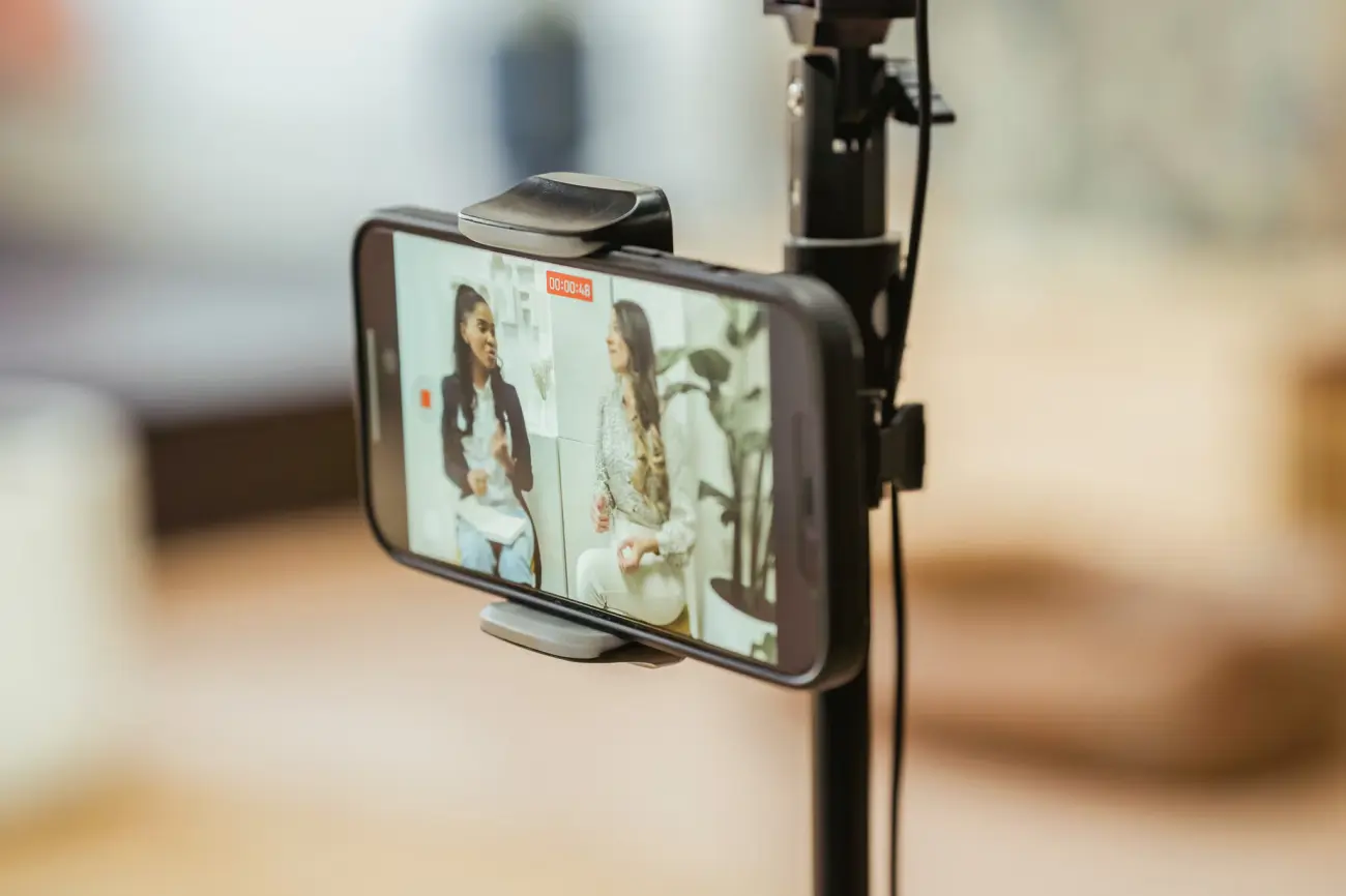 phone set up on tripod for a livestream
