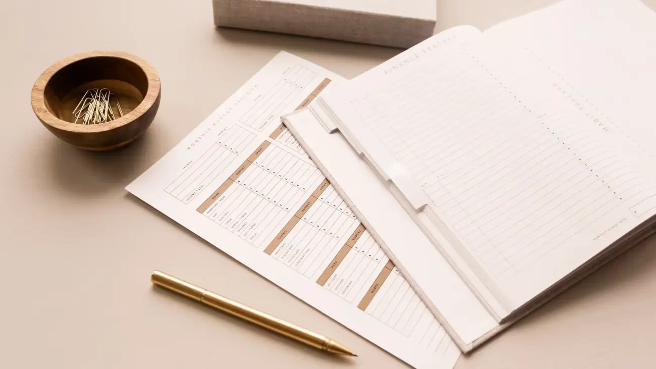 planner and pen sitting on a desk