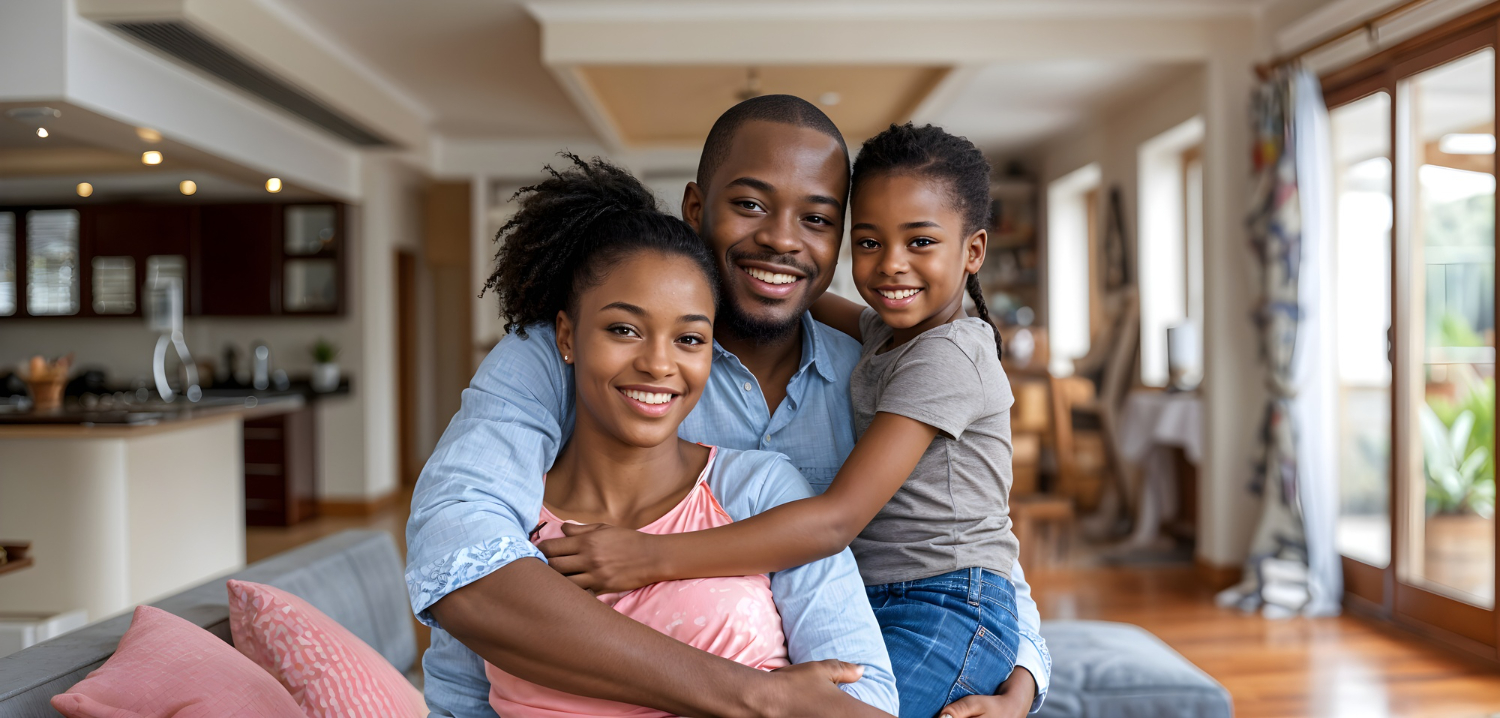 Smiling Black family of three sitting closely on a couch in a bright, modern living room.