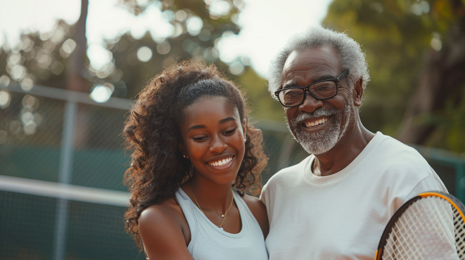 Smiling older man with glasses and a younger woman with curly hair standing together on a tennis court.