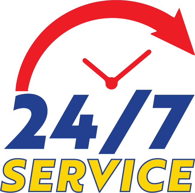Red clock arrow over blue '24/7' and yellow 'SERVICE' text indicating around-the-clock service.