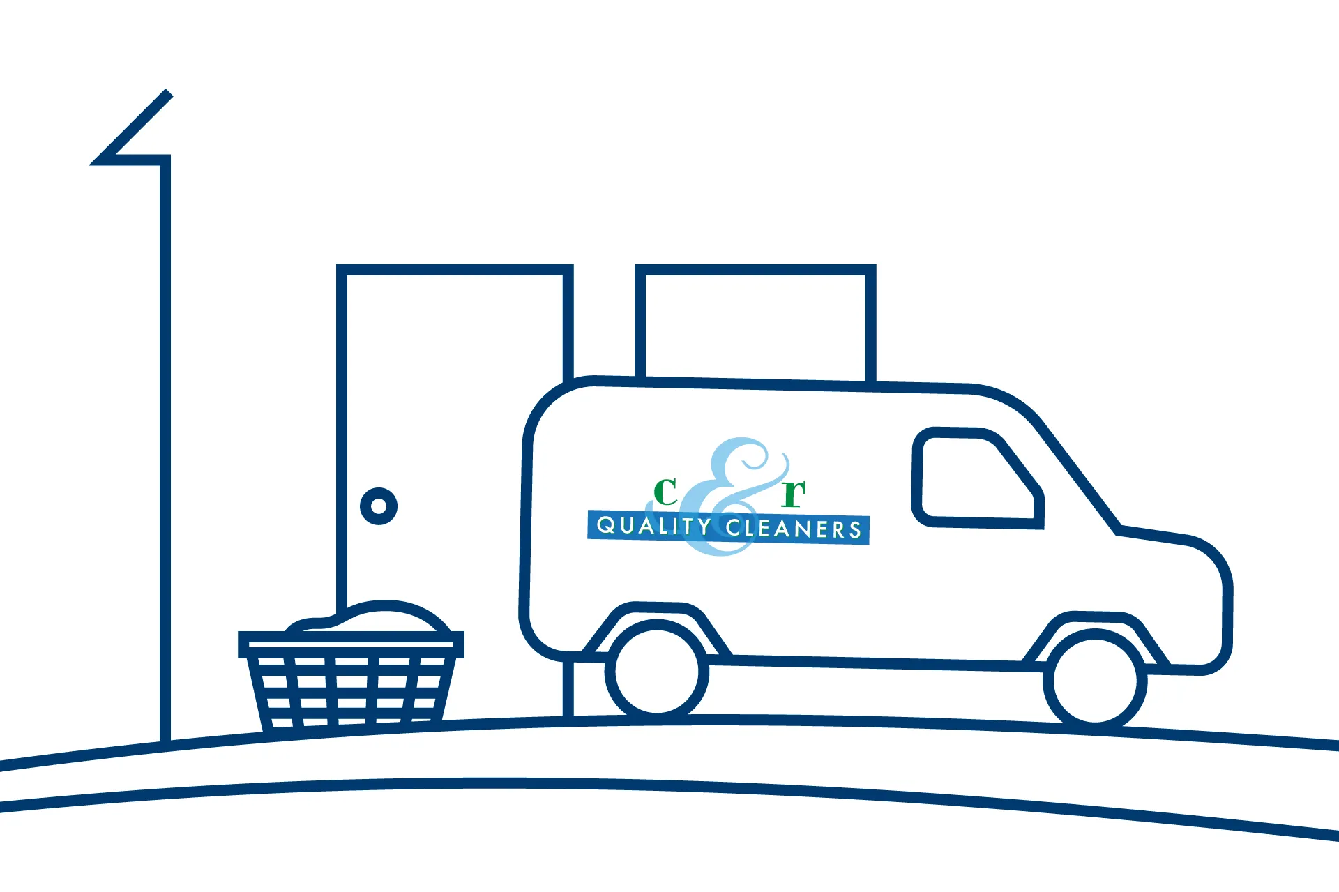 Outline of a delivery van with C&R Quality Cleaners logo parked near a house door and laundry basket.