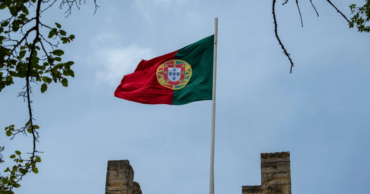 Bandeira de Portugal hasteada e tremulando ao vento no centro da imagem, com um edifício em ambos os lados inferiores da imagem e galhos de árvore com folhas verdes nos cantos superiores da fotografia.