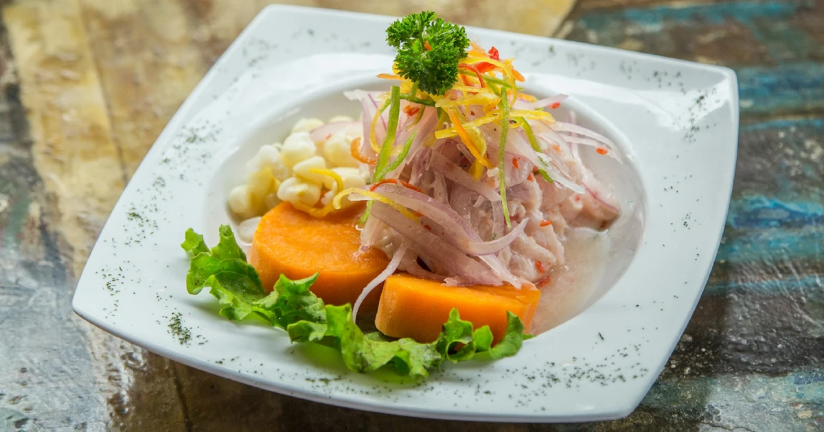Prato de porcelana branca com ceviche de peixe