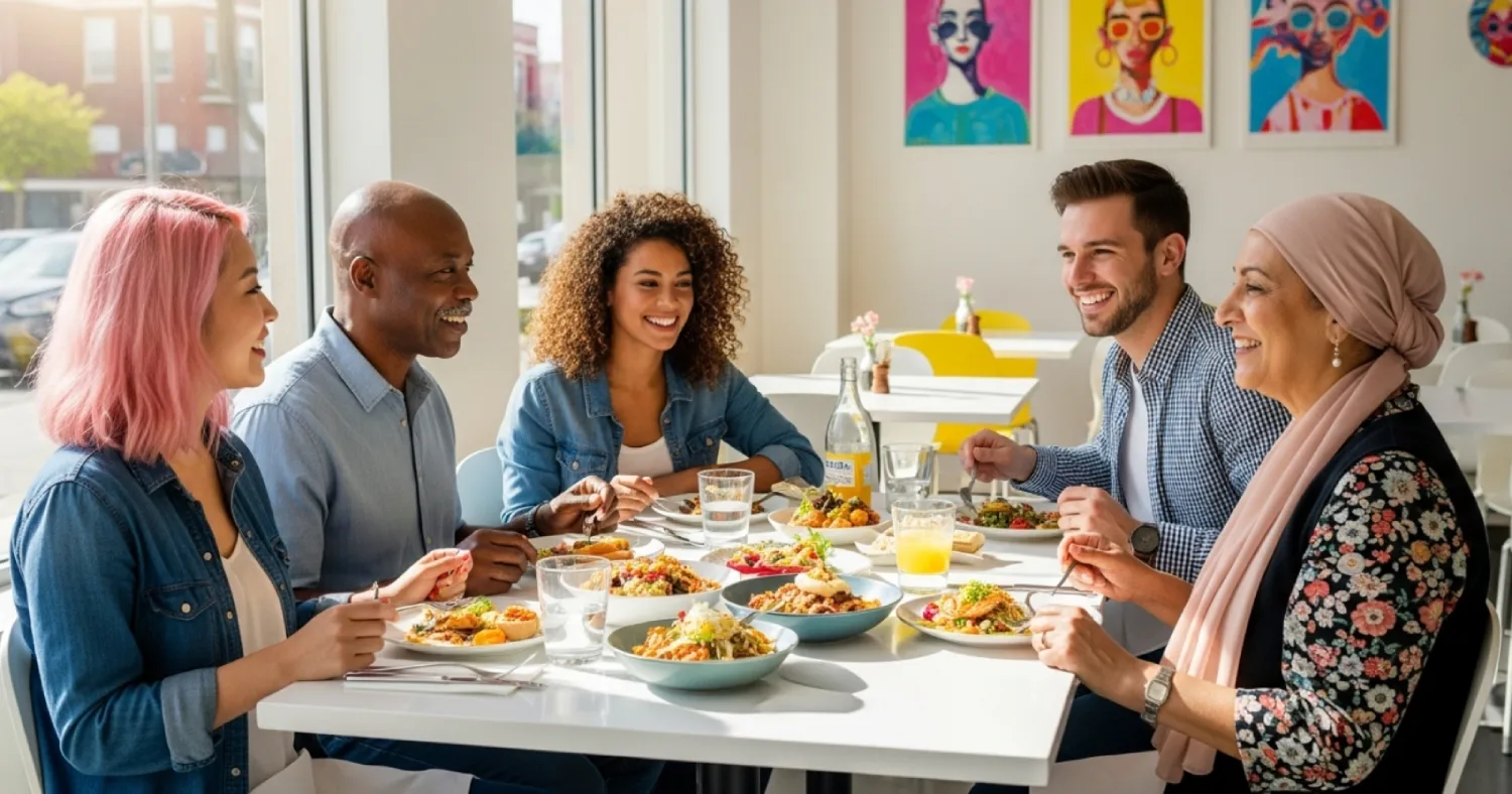 Amigos comendo em restaurante em Orlando