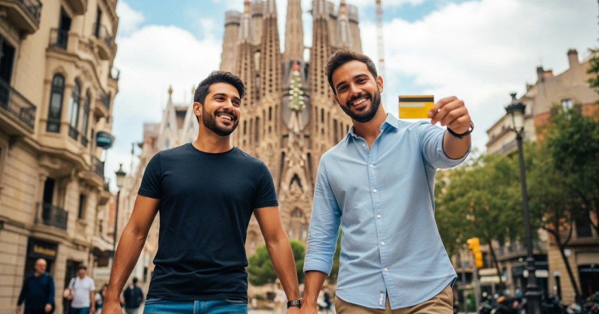 Casal andando em rua de Barcelona com a Basílica da Sagrada Família ao fundo