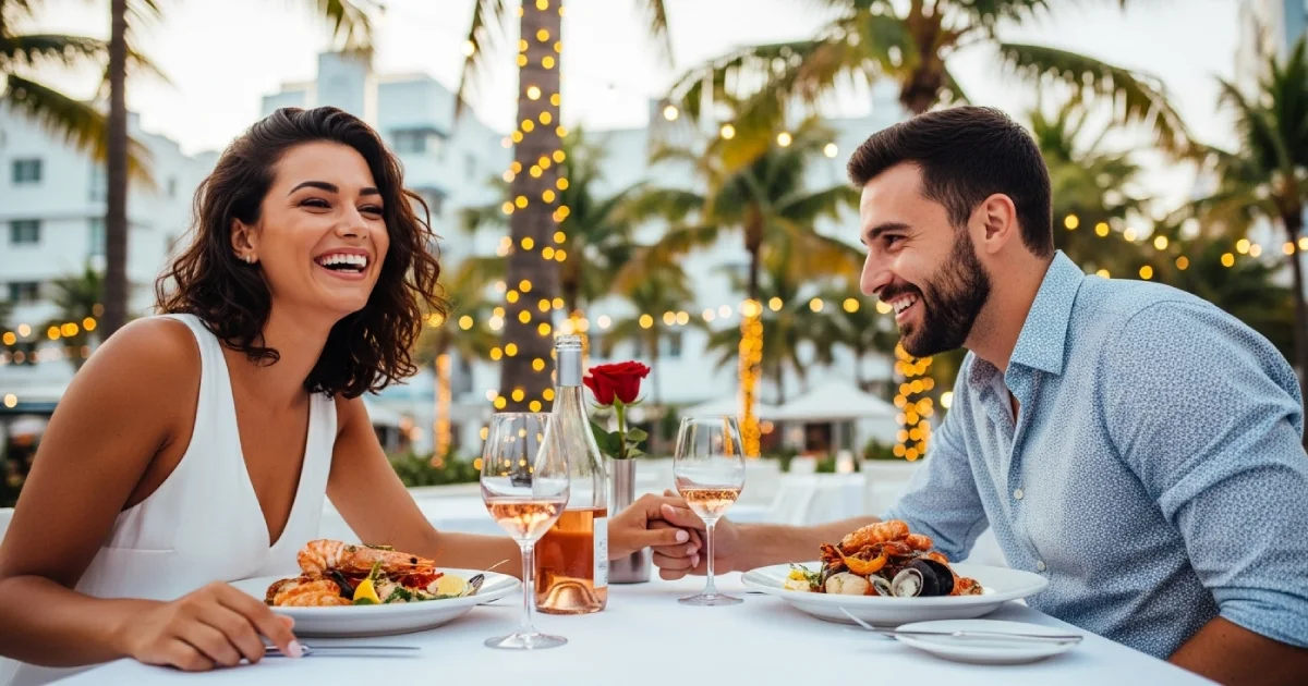 Casal apaixonado e feliz comendo em um restaurante em Miami.