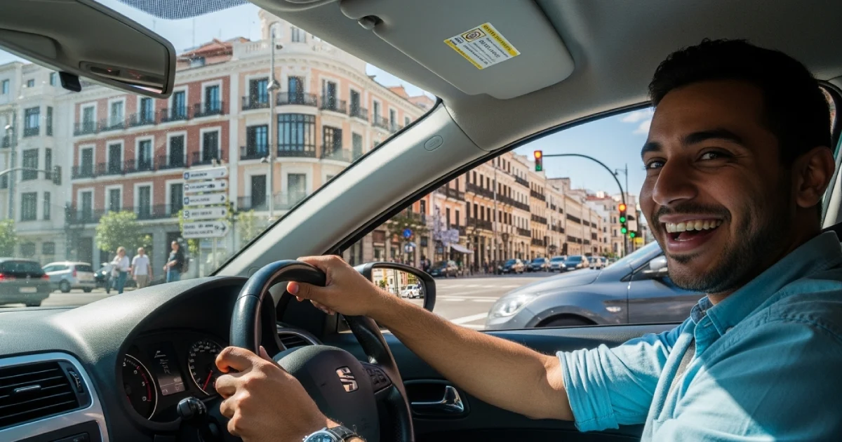 Homem jovem pardo feliz dirigindo um veículo em uma rua de Madrid, na Espanha.