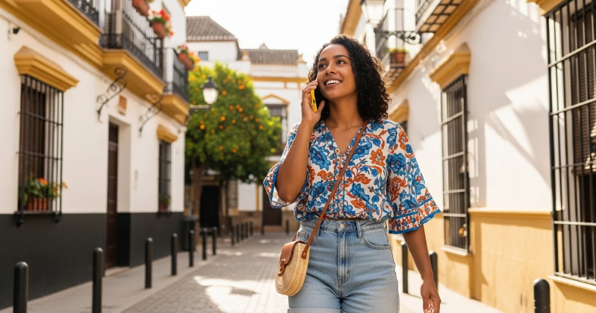 Jovem parda brasileira descolada passeando pelas ruas de Sevilha, na Espanha, falando no celular com capinha amarela. Sua expressão é de alegria e confiança. Ela usa roupas leves para meia estação.