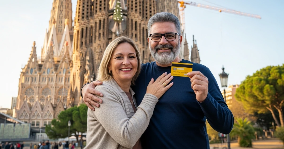 Casal abraçados em frente à Sagrada Família, em Barcelona.