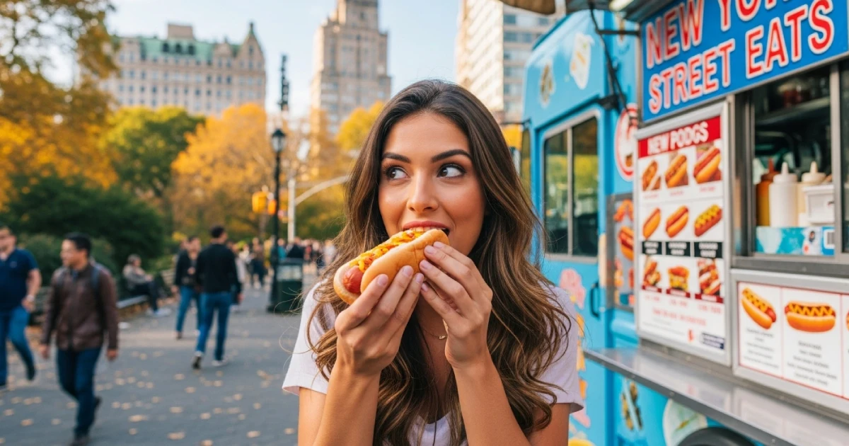 Mulher comendo um cachorro-quente de um food truck em Nova York
