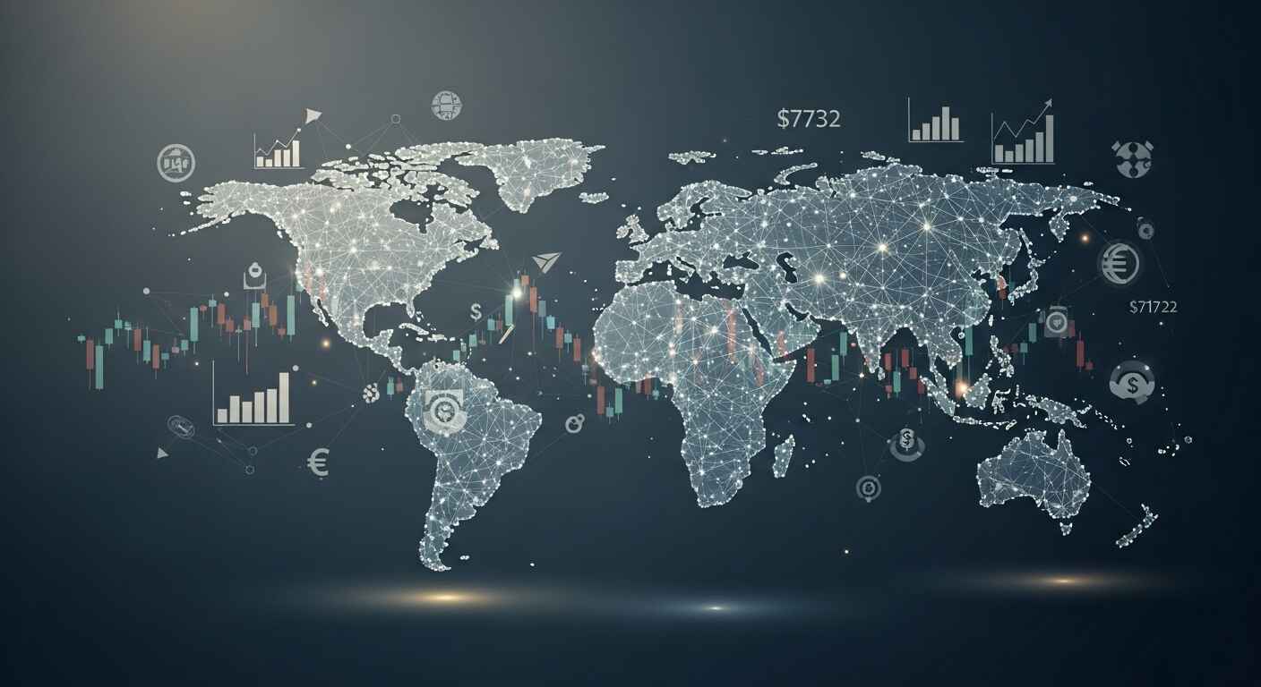 mapa mundi com diversos gráficos e símbolos de finanças