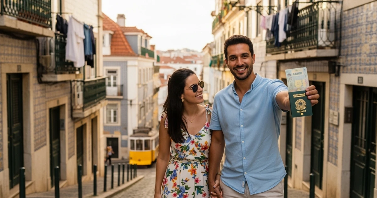 Casal brasileiro andando por Lisboa