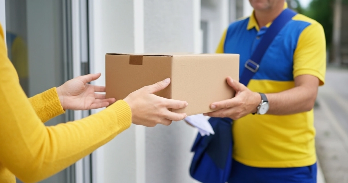 Mulher de suéter amarelo recebendo uma encomenda e um funcionário dos Correios