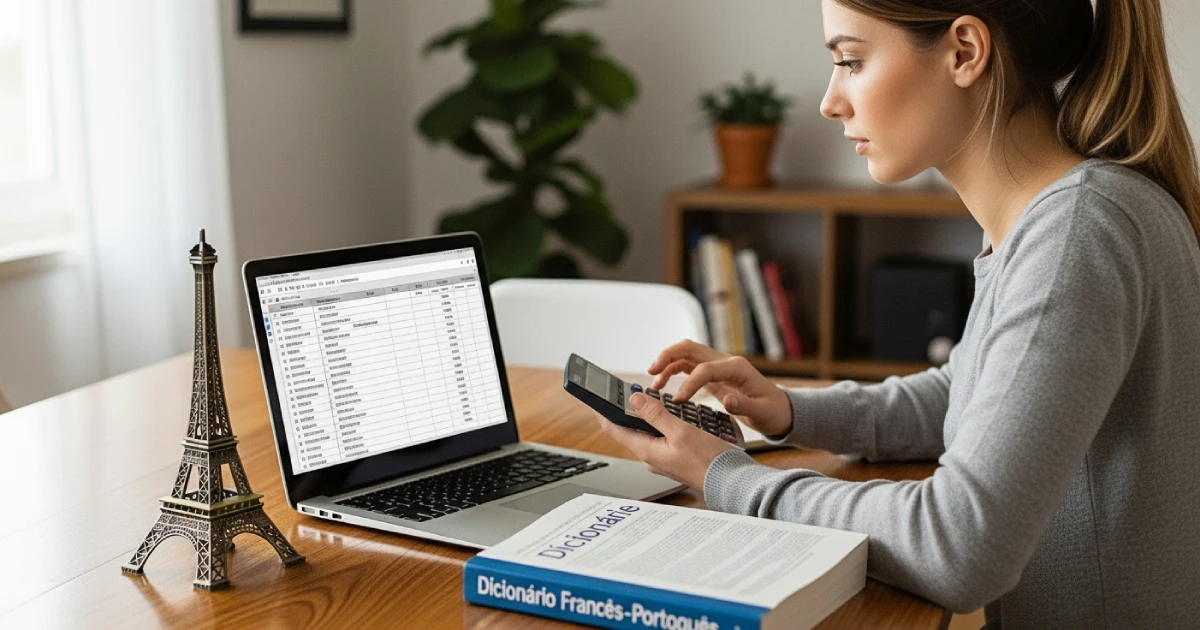 Jovem fazendo cálculos em um notebook e calculadora