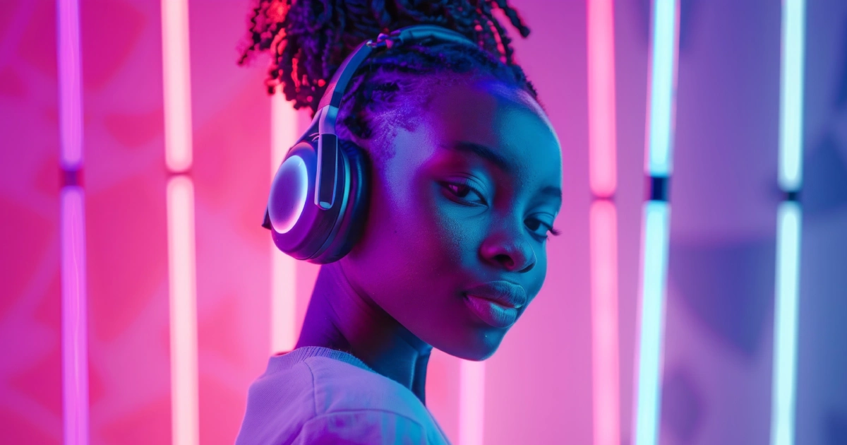 Garota negra com tranças amarradas em rabo de cavalo usando um headset.