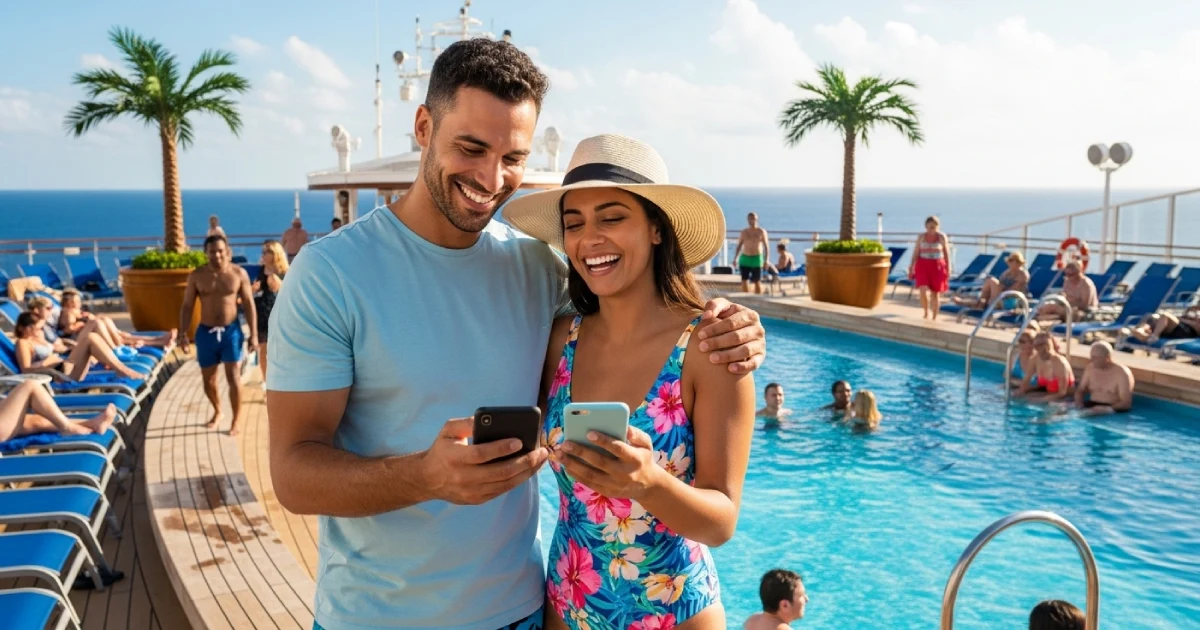 Casal usando smartpohone em um cruzeiro em alto mar