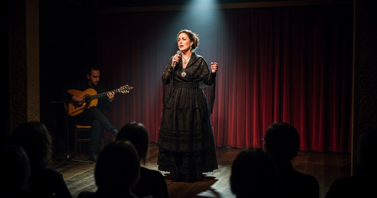Cantora de fado se apresentando em um palco