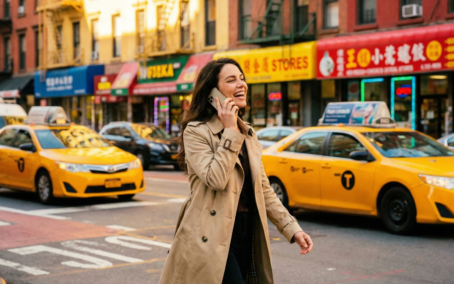 Mulher andando por uua de Nova York falando ao celular