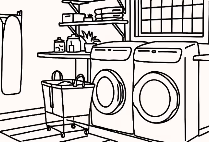 Line art of a home laundry room showing a front-loading washer and dryer, a wheeled laundry basket, ironing board, shelving with folded towels and detergent beneath a window.