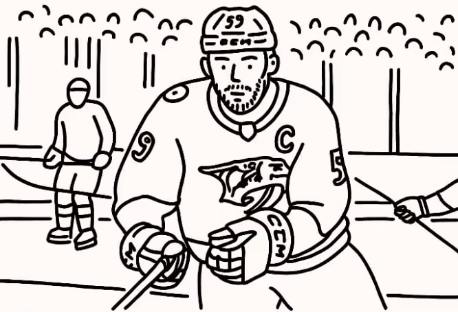 Illustration of an ice hockey captain (#59) gripping his stick on the ice, with teammates and a packed arena crowd sketched in the background.