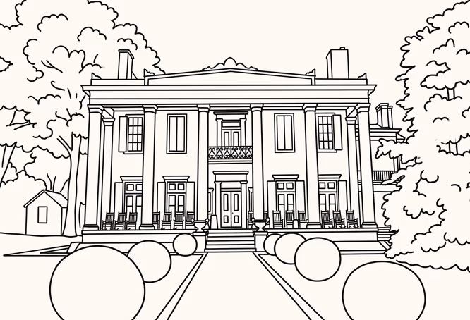 Line drawing of a Greek Revival plantation mansion with tall columns, a balcony, front porch with rocking chairs,