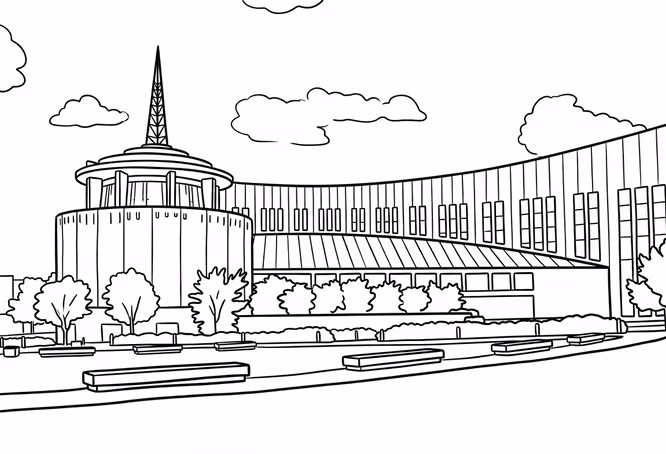 Line drawing of the Country Music Hall of Fame and Museum in Nashville featuring its distinctive spire and curved modern