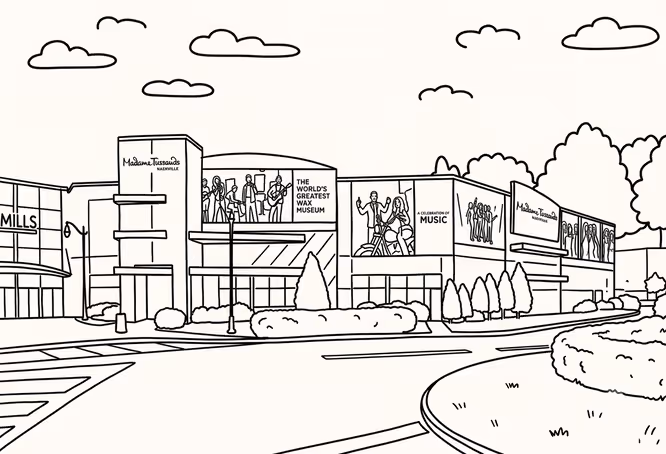 Line drawing of Madame Tussauds Nashville wax museum with signage reading "The World's Greatest Wax Museum" alongside music