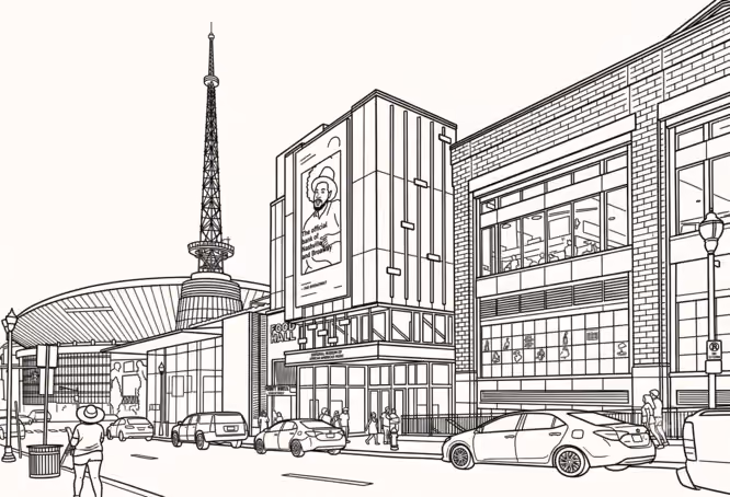 Line drawing of Nashville's Ryman Auditorium area featuring the radio tower, Grand Ole Opry sign, and downtown storefronts