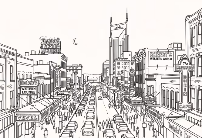 Line drawing of Nashville's Ryman Auditorium area featuring the radio tower, Grand Ole Opry sign, and downtown storefronts