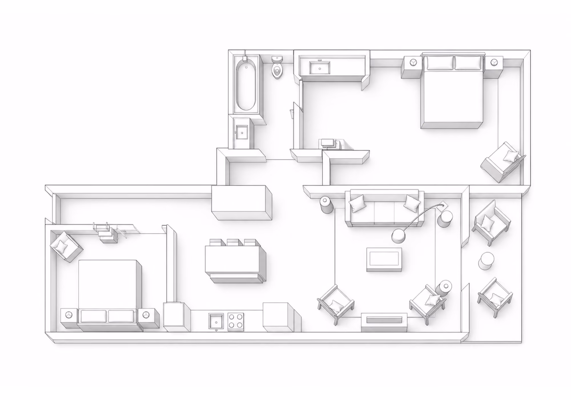 Floor plan of a two-bedroom suite with two bedrooms, living room, kitchen and bathroom