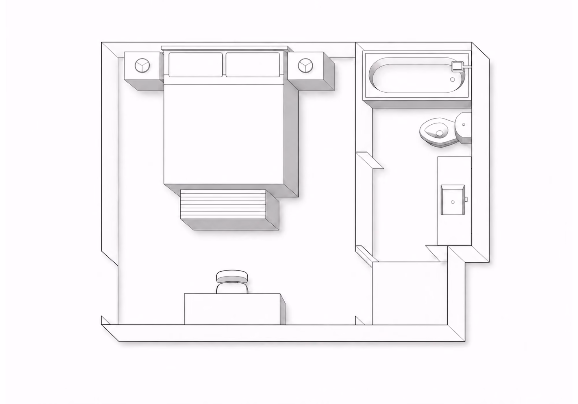 Top-down floor plan of a hotel room featuring a king bed with nightstands, a bathroom with bathtub, sink, and toilet.