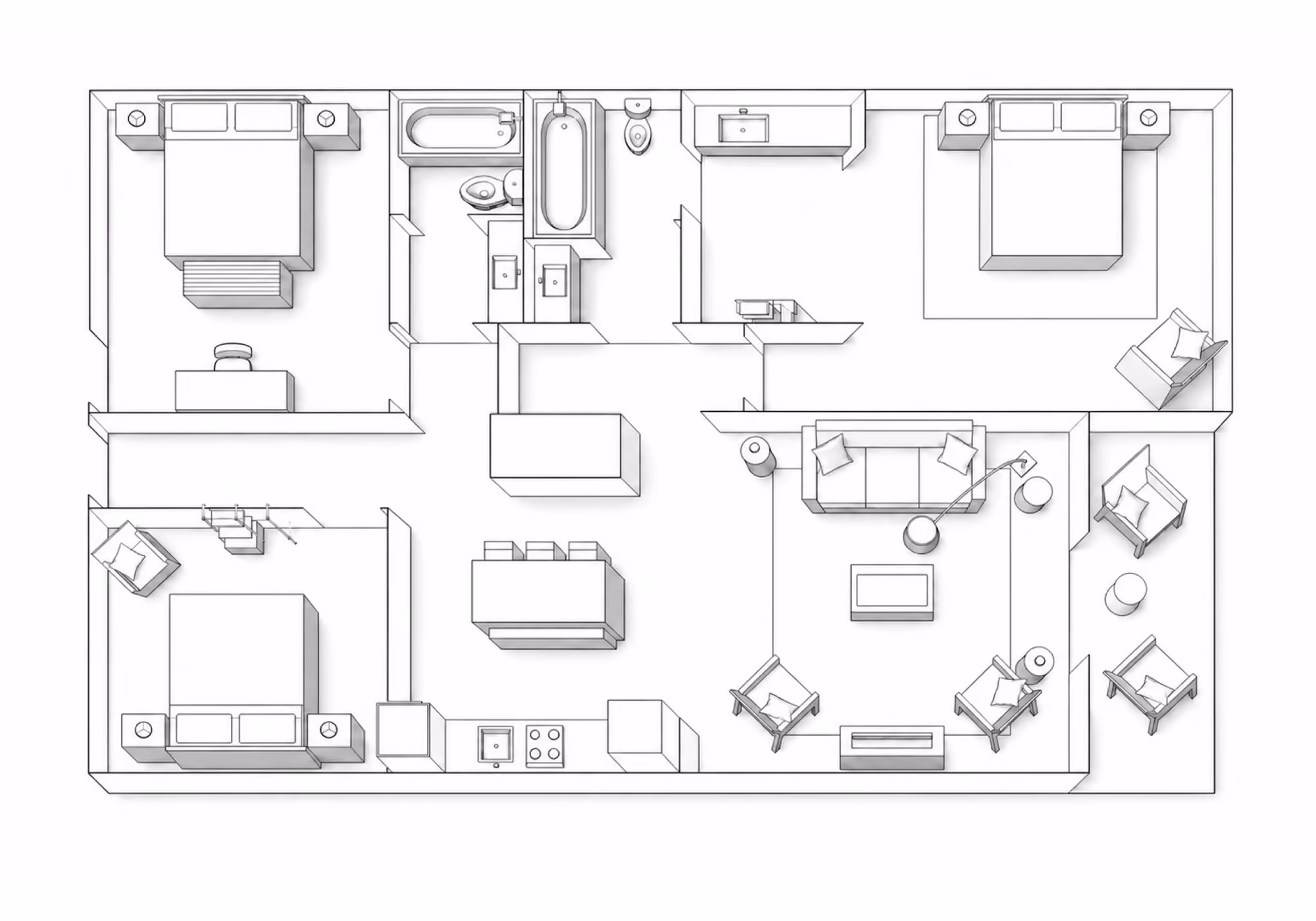 Floor plan of a three-bedroom suite with three bedrooms, living room, kitchen and two bathrooms