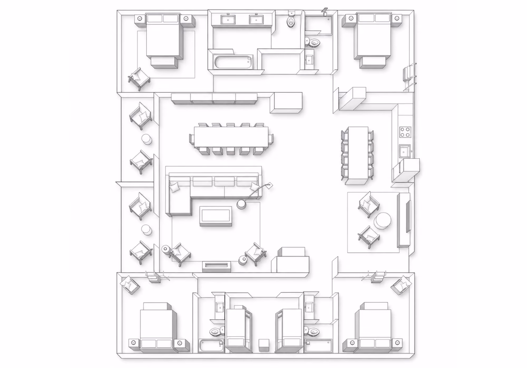 Floor plan of a four-bedroom suite with living and dining area, kitchen and multiple bathrooms