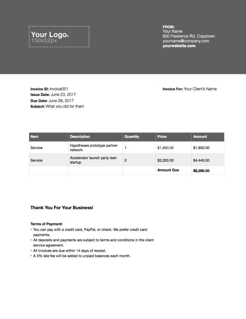 freelance writer invoice example