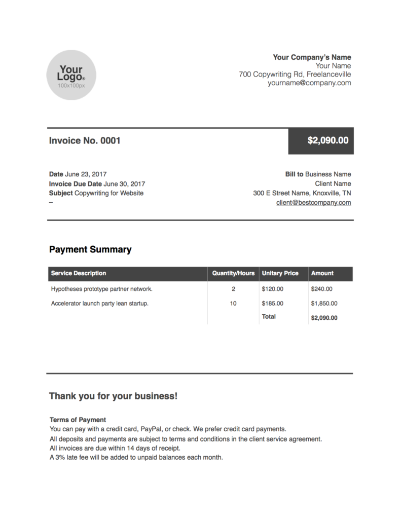 freelance writer invoice Word