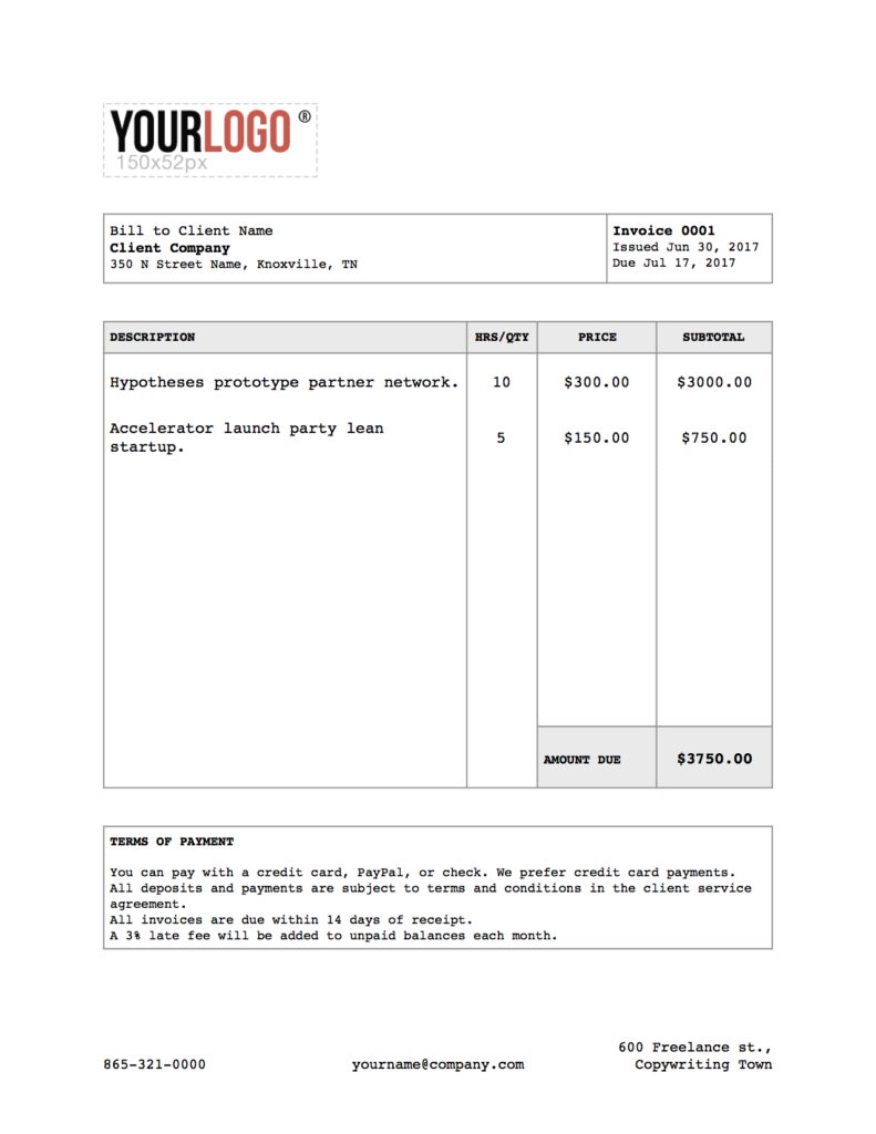 writer invoice template