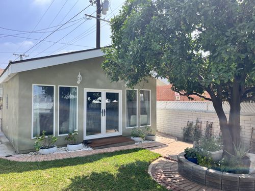 This is an exterior image of an olive-green ADU facing a green backyard. The ADU is shaded by a large tree on the right-hand side of the photo.