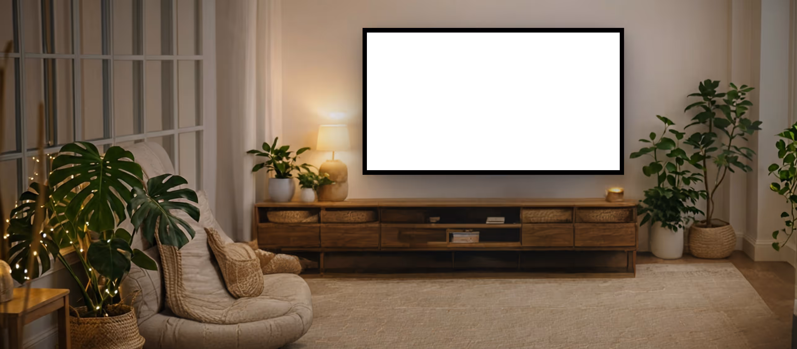 Cozy living room with a beige cushioned chair, large green plants, a wooden media console, and a wall-mounted blank black TV screen.