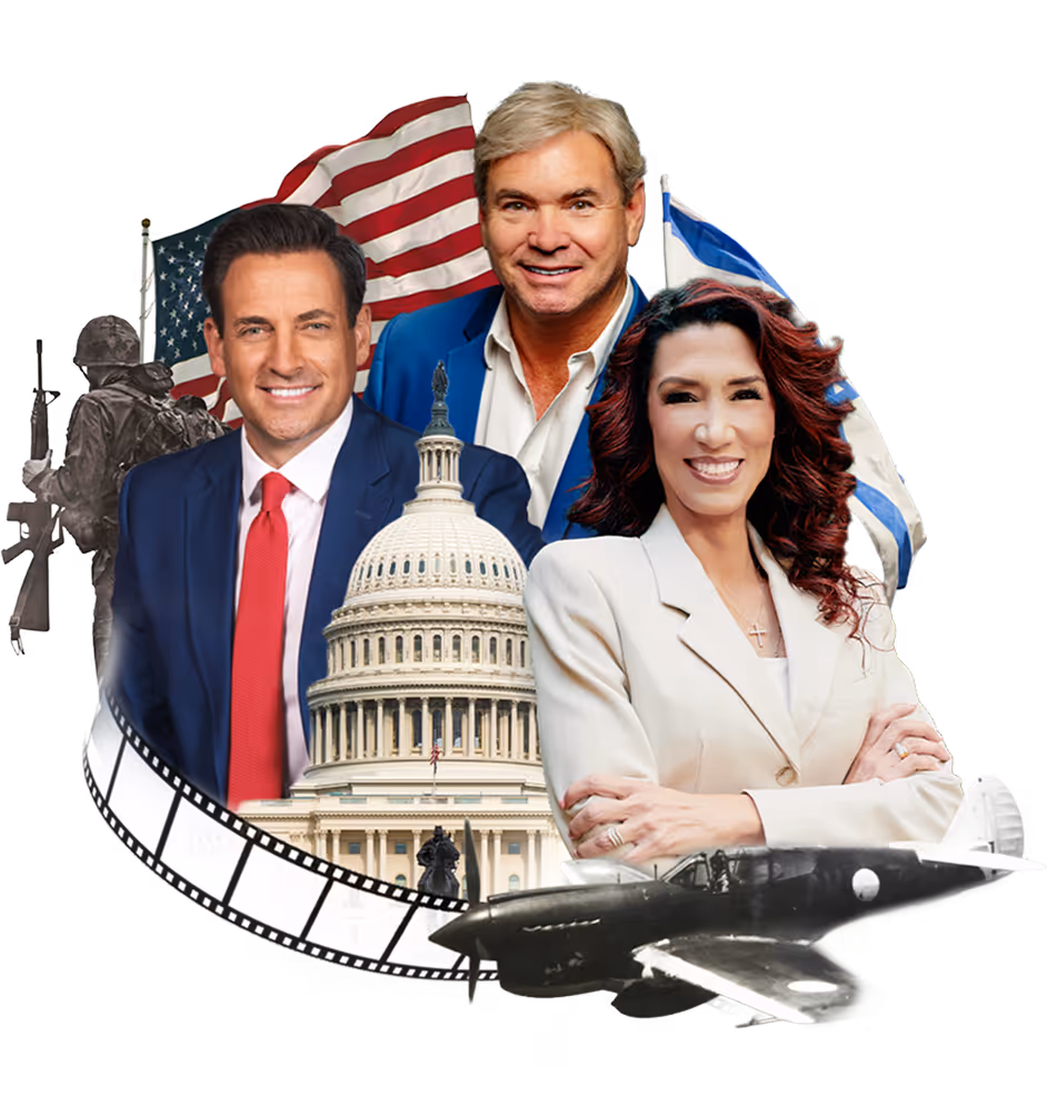 Three smiling people in business attire with US Capitol, flags, soldier silhouette, film strip, and vintage plane.