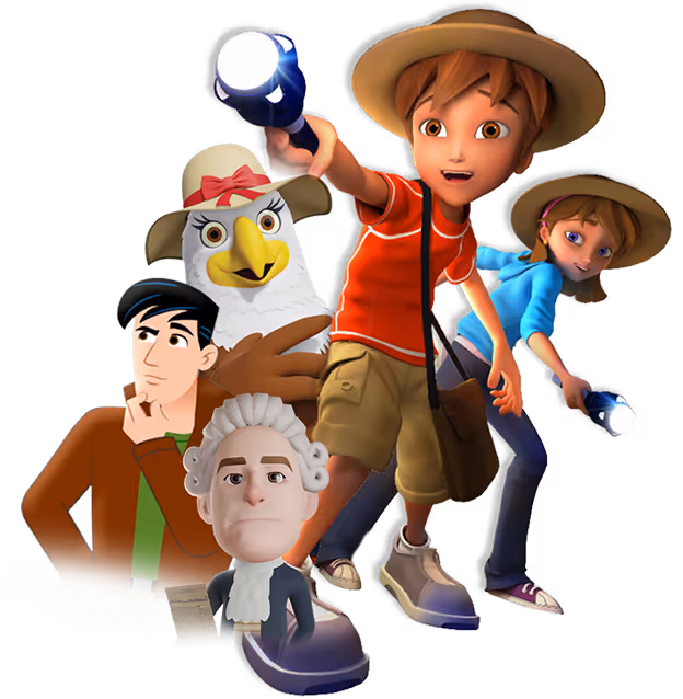 Animated boy and girl in hats with flashlights, eagle with hat, man thinking, and historical figure statue.
