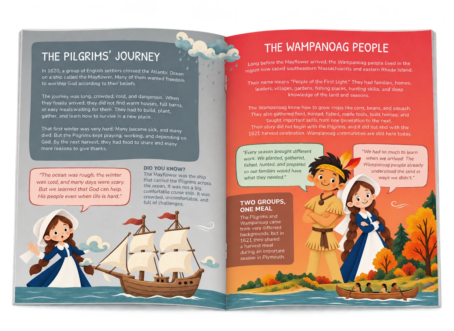 Open guide showing the Pilgrims’ Journey and the Wampanoag People