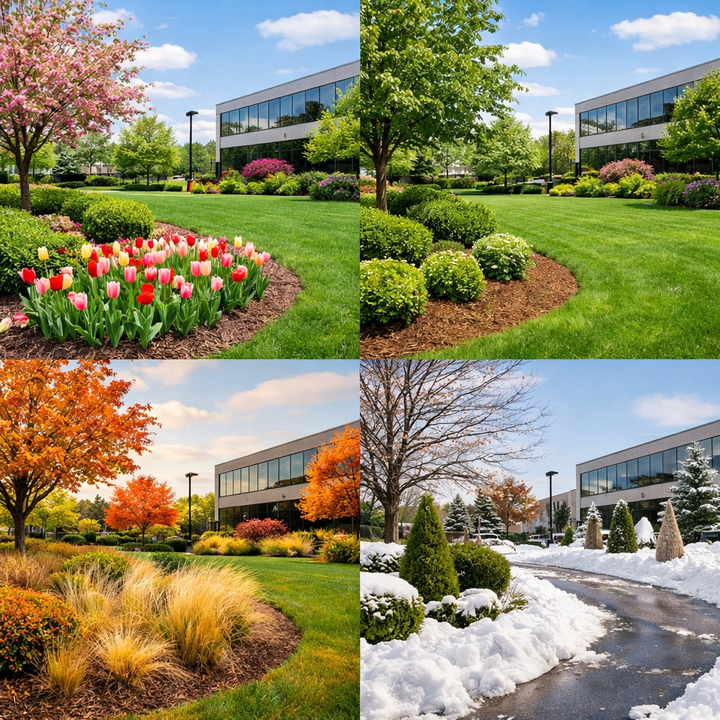 Year-round commercial landscape maintenance showing spring, summer, fall, and winter care
