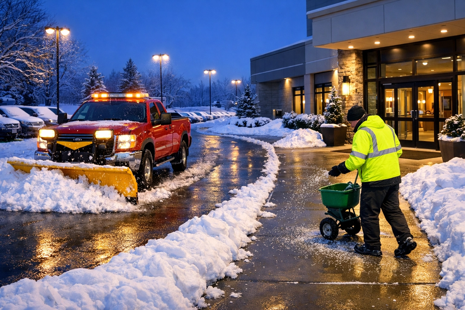 Professional snow removal service clearing commercial property parking lot in Northeast Ohio winter